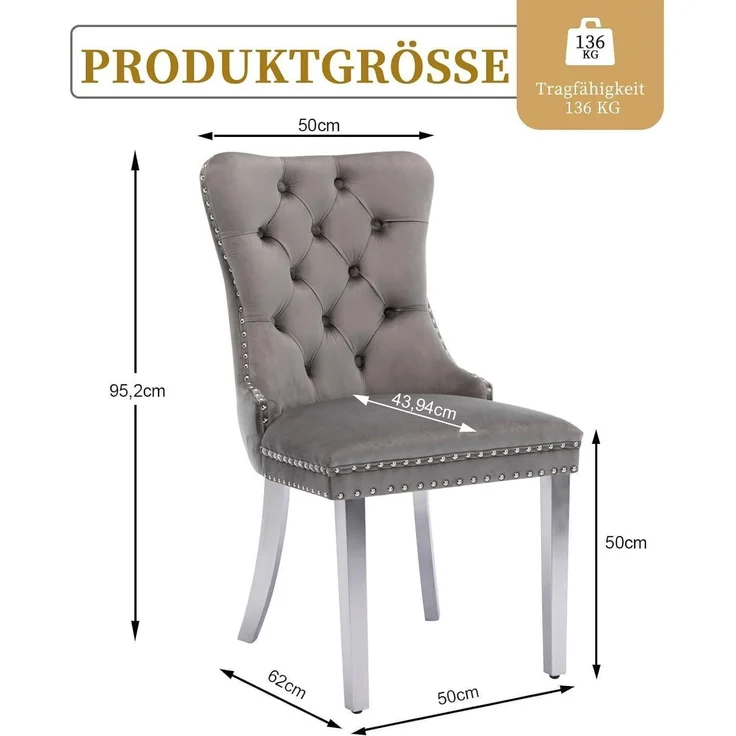 Esszimmerstühle Polsterstühle Grau (Silbernen Edelstahlbeine) 2er-Set – Bild 3