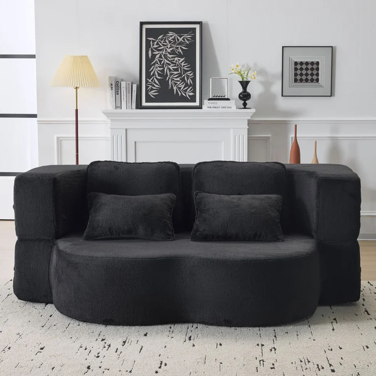 Großes modernes schwarzes Bodensofa mit 4 Wurfkissen, bequemes Flanellsofa, hochdichte Schaumstoff-Klappmatratze, geeignet für Wohnzimmer, Gästezimmer, Schlafzimmer, kein Zusammenbau erforderlich--Schwarz--198x60x76cm--YOUDENOVA – Bild 2