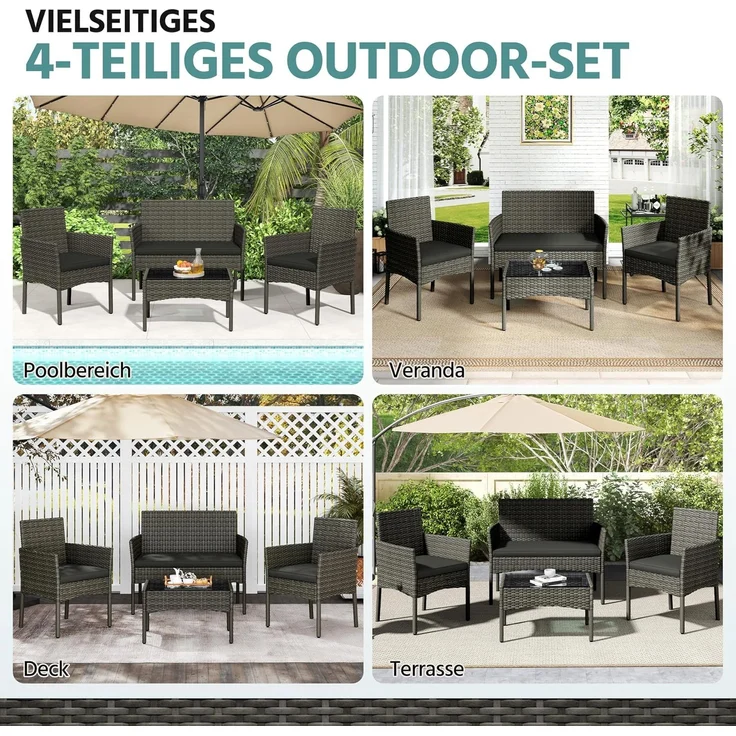 Yaheetech Balkonset Gartenmöbel-Set 4-er Set Rattanmöbel für 4 Personen, Gartengarnitur aus Zweisitzer-Sofa & 2 Einzelsofas & Kaffeetisch – Bild 5