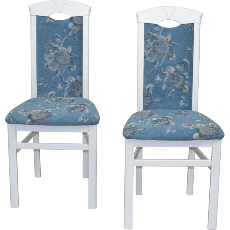 Massivholz Esszimmerstuhl "Alice"im 2er-Set, Weiß, Stoff blau mit Blumendessin
