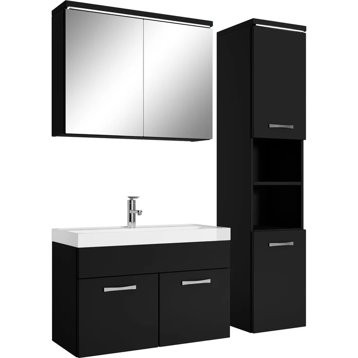Badplaats Badmöbel Komplettset Paso LED 80 x 40 cm Schwarz Matt - Badezimmermöbel mit Waschbecken, Spiegelschrank und Badezimmerschrank – Bild 1