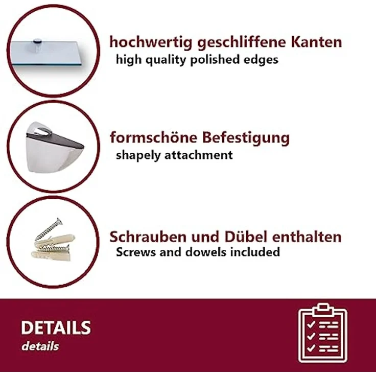HOOZ Wandregal aus Sicherheitsglas mit Halterung - Klarglas - 80 x 18 x 0,6 cm, 1-tlg, mit geschliffenen Kanten – Bild 3