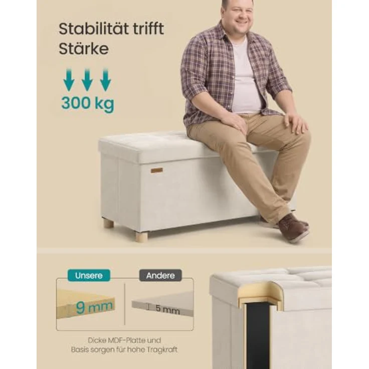 SONGMICS Sitzbank mit Stauraum, Hocker faltbar, 38 x 76 x 38,5 cm, Aufbewahrungsbox mit Deckel, Fußhocker 77 L, Samt, bis 300 kg belastbar, Flur Wohnzimmer Schlafzimmer, cappuccinobeige LSF0517W02 – Bild 5