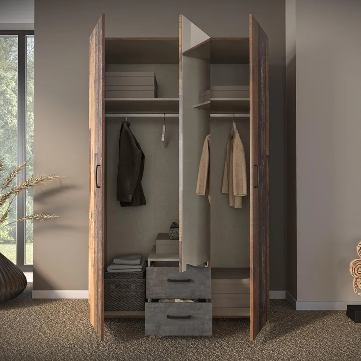 Forte ECONOBOX Kleiderschrank 120, rustikal, 3-türig, 2 Schubladen, Spiegel, Einlegeböden, Holzwerkstoff, Old Wood Vintage Holzdekor|Betonoptik Grau, 119,4 cm breit x 190,5 cm hoch x 54,4 cm tief – Bild 9
