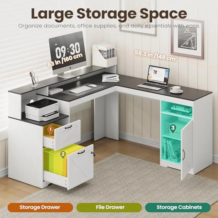 COLAMY 160 cm Landhaus L‑förmiger Schreibtisch, Eckschreibtisch mit Schubladen und Ablageboden, Home‑Office Schreibtisch mit Steckdose, Monitorständer, Holzmaserung Desktop, Weiß & Schwarz – Bild 7