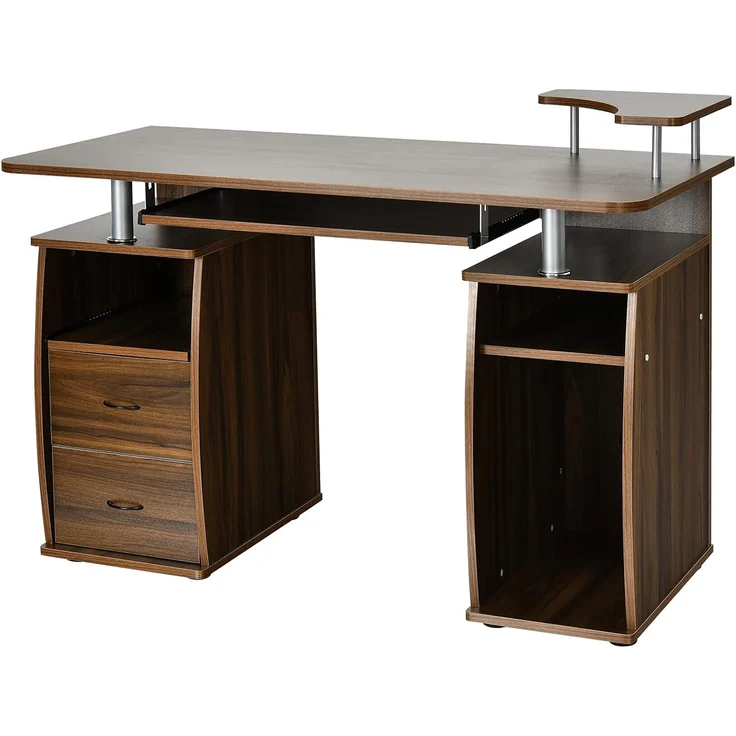 COSTWAY Computertisch Schreibtisch Buerotisch Arbeitstisch PC-Tisch mit Tastaturauszug Druckerablage Schubladen Walnuss – Bild 9