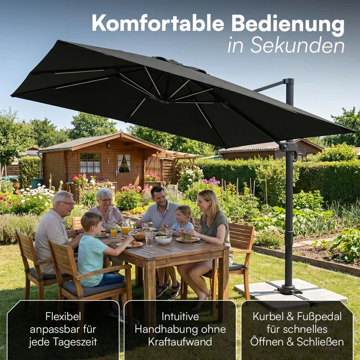 STEELSØN 'Lyrion' Sonnenschirm LED Solar 300x300 cm quadratisch, neigbar und 360-Grad drehbar, schwarz, Ampelschirm inkl. Abdeckung, UV50+ – Bild 5