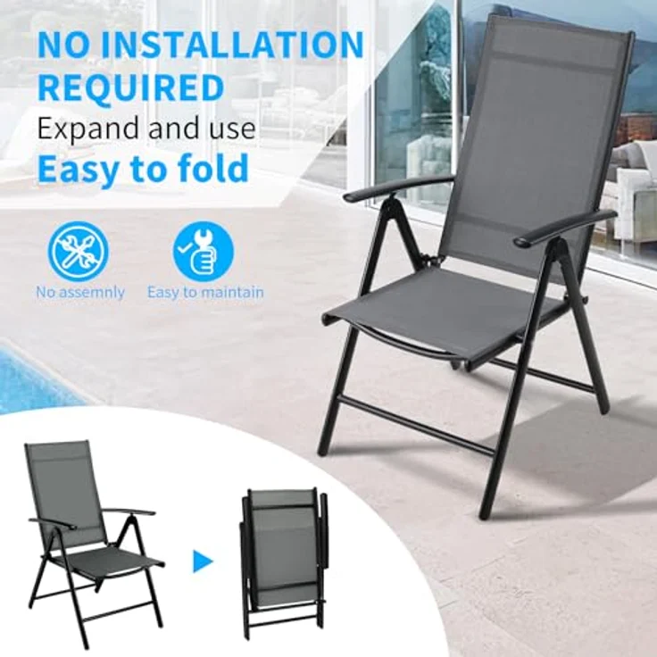 Clevich Gartenstühle Alu 2er Set, Gartenstuhl Hochlehner Klappbar mit 7-Fach Verstellbar Rückenlehne, Balkonstühle bis 120kg, Leicht Campingstühle, Ergonomisch Atmungsaktiv und komfortabel, Dunkelgrau – Bild 7