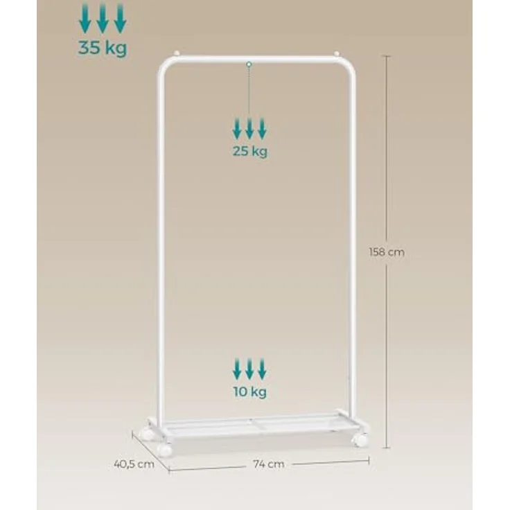 Songmics Kleiderständer, Kleiderstange auf Rollen, Garderobenständer 74 cm breit, Rollgarderobe mit Gitterablage, bis 35 kg belastbar, 2 Rollen arretierbar, Stahlrahmen, weiß HSR130W01 – Bild 7