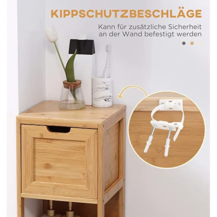 kleankin Badezimmerschrank Badschrank Aufbewahrungsschrank mit Kippschutz aus Bambus, Unterschrank mit 2 Schubladen, Lanfhausstil Beistellschrank, Naturholz, 30 x 30 x 90 cm – Bild 7