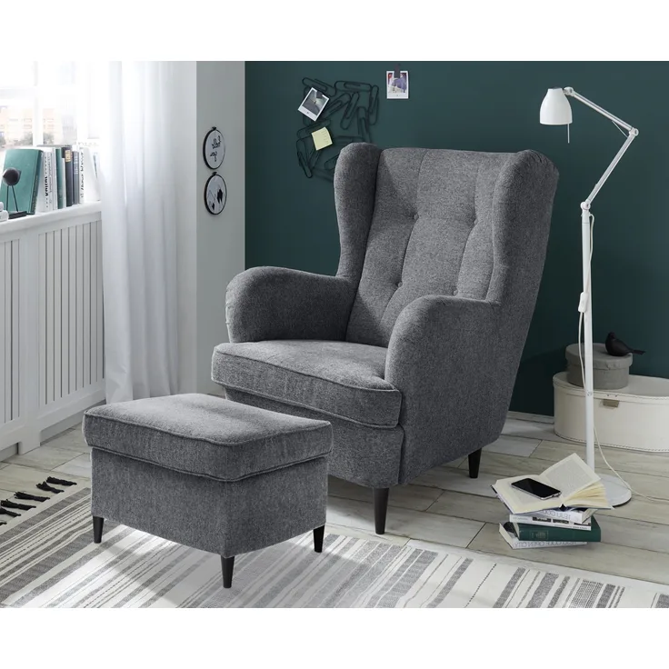 Ohrensessel >OSKAR< (Sessel und Hocker) in anthrazit - 78x102x98 (BxHxT)