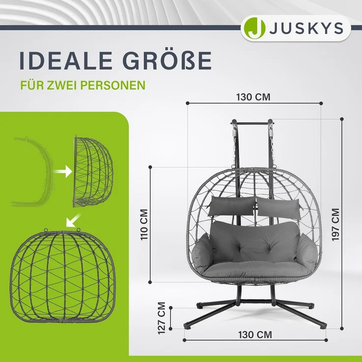 Juskys Doppelhängesessel Aria - Polyrattan Hängesessel mit Gestell & Kissen - Schaukel für zwei Personen - Outdoor Indoor Sessel - XXL Korb Grau – Bild 3