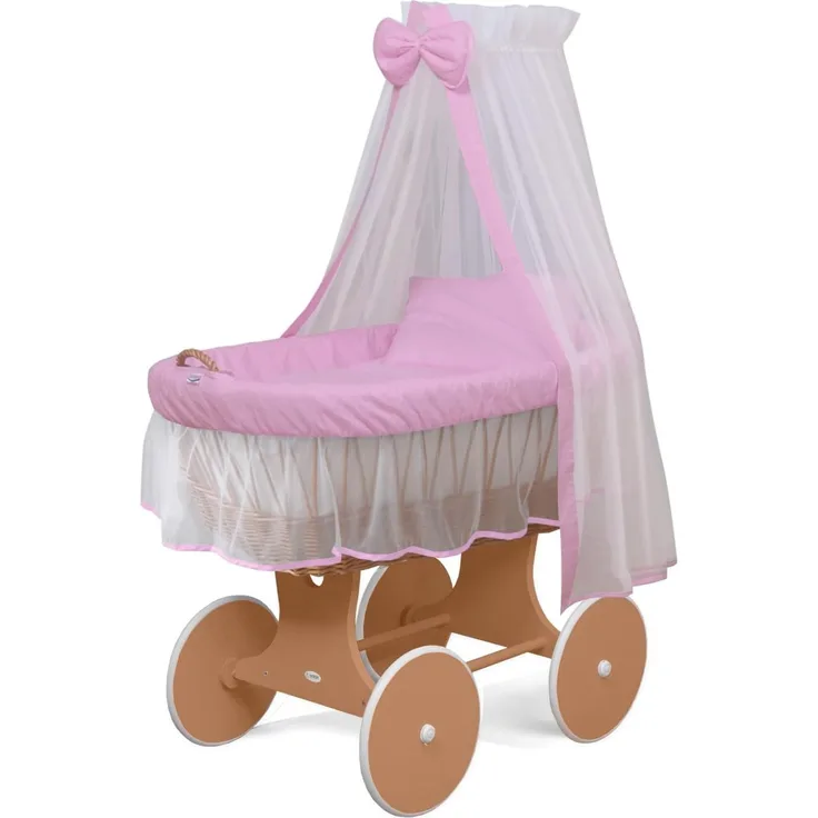 WALDIN Stubenwagen-Set mit Ausstattung Gestell/Räder natur lackiert, Ausstattung rosa/weiß