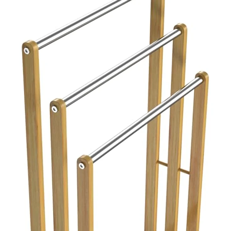 Casaria Handtuchständer, Freistehend Bambus Holz Handtuchhalter Ohne Bohren 3 Stangen Edelstahl – Bild 4