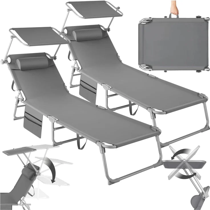 tectake® 2er Set Sonnenliege klappbar und tragbar, Liege mit Seitentasche, Strandliege, Gartenliege mit Dach, Liegestuhl mit Verstellbarer Rückenlehne, Kopfkissen - für Balkon, Terrasse (grau)