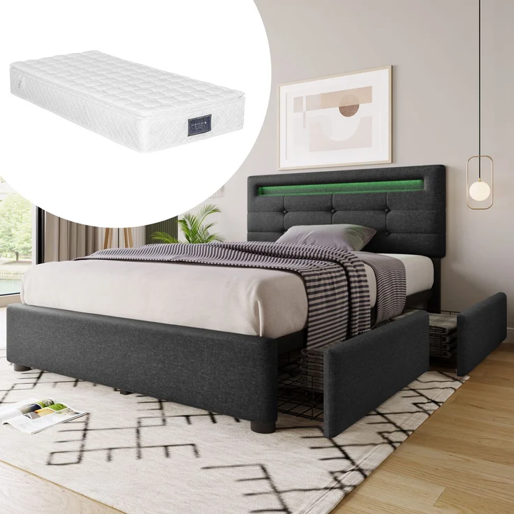 Einzelbett 90 × 200 cm mit LED-Beleuchtung, verstellbarem Kopfteil, 2 Schubladen, Leinenbezug in Grau, modernes Design,inklusive Matratze – Bild 1