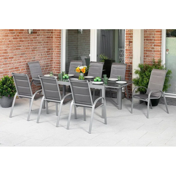 MERXX Garten-Essgruppe Amalfi di lusso, (9-tlg), 8 Stapelsessel, Hochlehner mit ausziehbarem Tisch,Gewicht Tisch 52,6kg