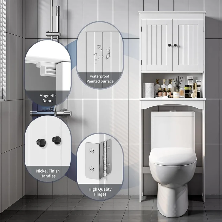 Bealife Toilettenregal, Regal über Toilette mit 3-stufigen verstellbaren Regalen, WC Überbauschrank Freistehend, 167 x 60 x 23 cm Überbau Toilettenschrank mit Doppeltüren für Badezimmer – Weiß – Bild 6