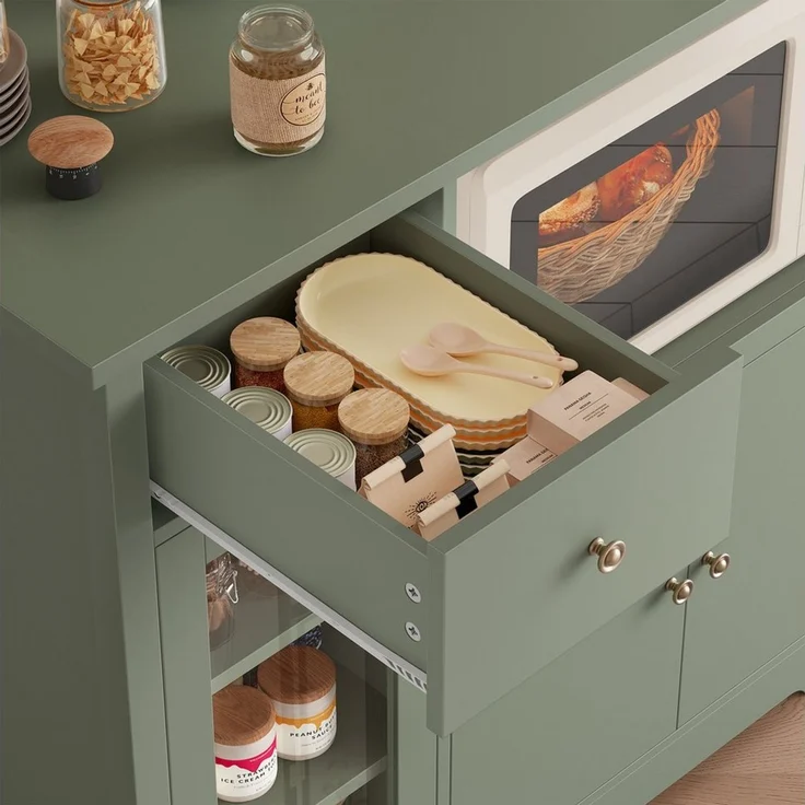 HOMECHO Buffet Küchenschrank weiß Mikrowellenregal mit Schubladen Ablagen – Bild 4