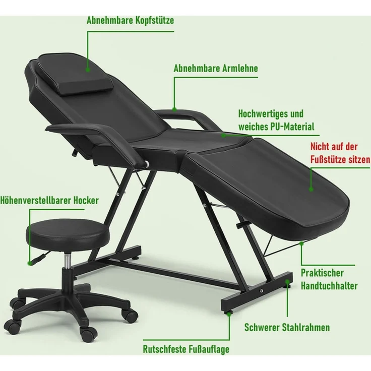 HOME NATURE WOHNKONZEPT Kosmetikliege mit Rollhocker, klappbare 3-Zonen Massageliege für Beauty, Spa, Tattoo & Salon, 182 x 81 x 74 cm, Schwarz – Bild 3