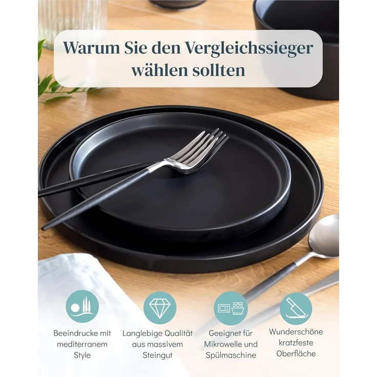 Steingut Geschirrset 4 Personen Manhattan 12 tlg. TESTSIEGER, Cooles Urbanes Steingut Geschirr Set, Schüssel- und Teller Set, Tafelservice 4 Personen, Geschirrsets Pure Living in matt Schwarz – Bild 2