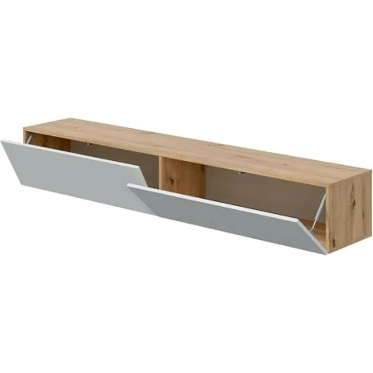 Dmora - TV-Ständer Vincennes, TV-Ständer mit 2 Türen, hängender Wohnzimmerschrank, 180x35h28 cm, Node-Eiche und glänzendes Weiß – Bild 6