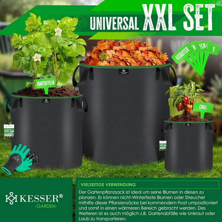 KESSER® Pflanzsack | Pflanzsäcke aus Vlies-Stoff mit Namensschildern | Kartoffel-Pflanztasche mit Fenster & Griffen | Pflanzbeutel für Gemüse Blumen Früchte Schwarz, 27 Liter, 10er Set – Bild 3