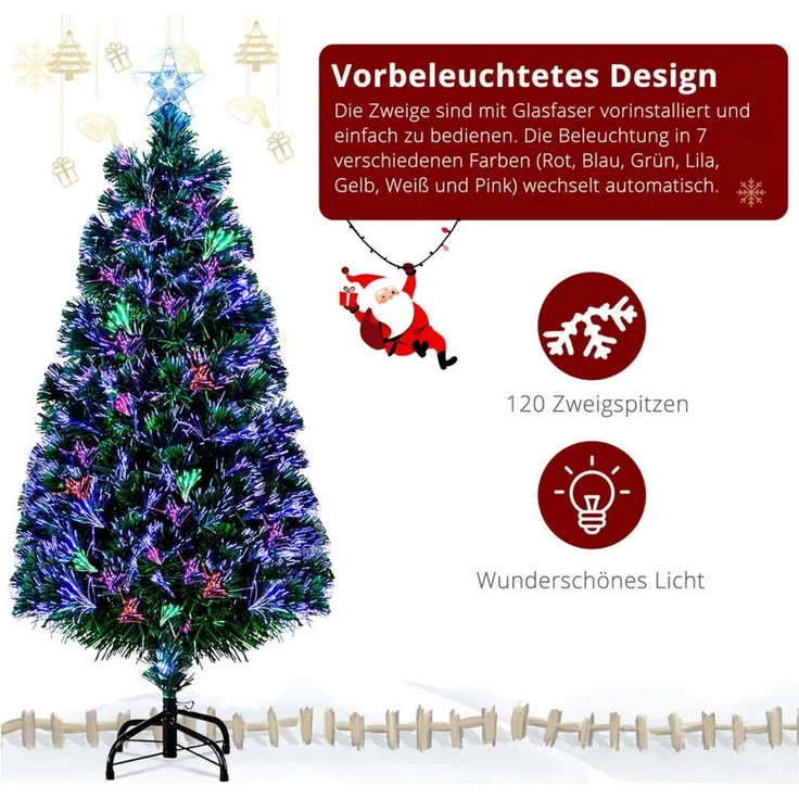 LALAHO Künstlicher Weihnachtsbaum Künstlicher Tannenbaum mit Optischer Faser Beleuchtung, 120cm mit 120 Spitzen, für Weihnachten-Dekoration, Grün – Bild 3