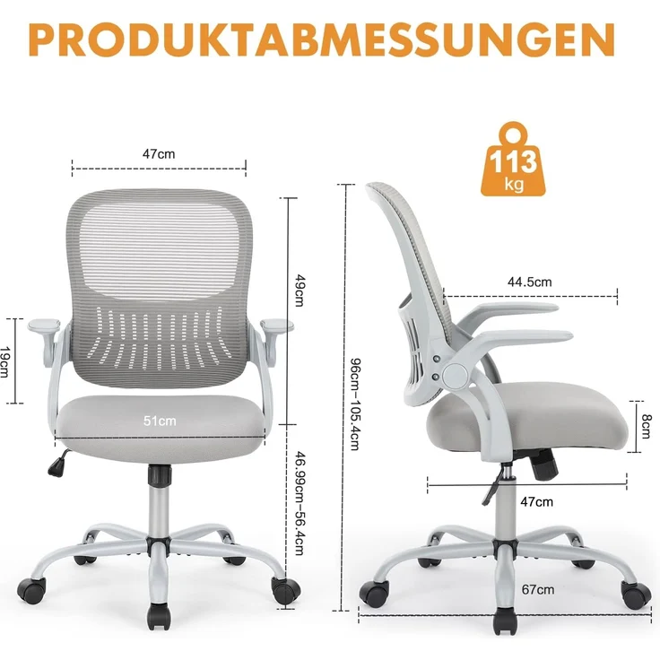 DUMOS Bürostuhl Ergonomisch, Schreibtischstuhl mit Lendenwirbelstütze, Verstellbaren Armlehnen Drehstuhl, Höhenverstellbarer Office Chair, Bürostühle Geeignet für Büro und Schlafzimmer (Grau) – Bild 2