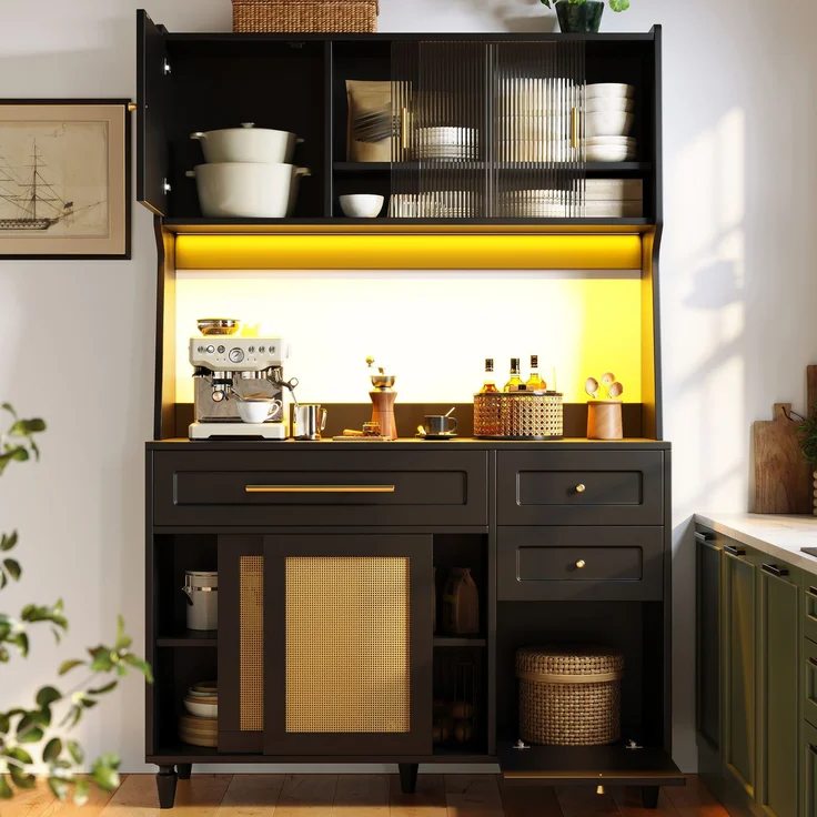 Küchenschrank, Hochschrank,Vitrinenschrank, Buffetschrank mit Verstellbaren Ablagen, Esszimmerschrank mit 3 Schubladen,Sideboard mit LED-Beleuchtung, PE-rattan, schwarz--Schwarz--120x45x195.5cm--YOUDENOVA – Bild 3