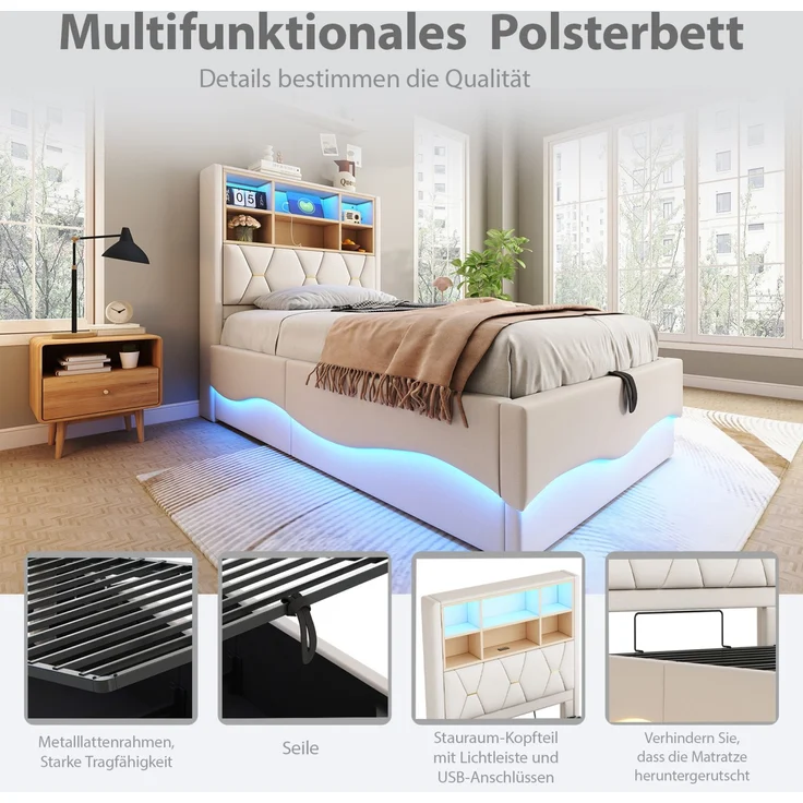 Merax Polsterbett, 90×200 cm Kinderbett, mit hydraulischem Stauraum, LED-Lichtband, USB-Ladeanschluss, Leinenpolsterung, Beige – Bild 5