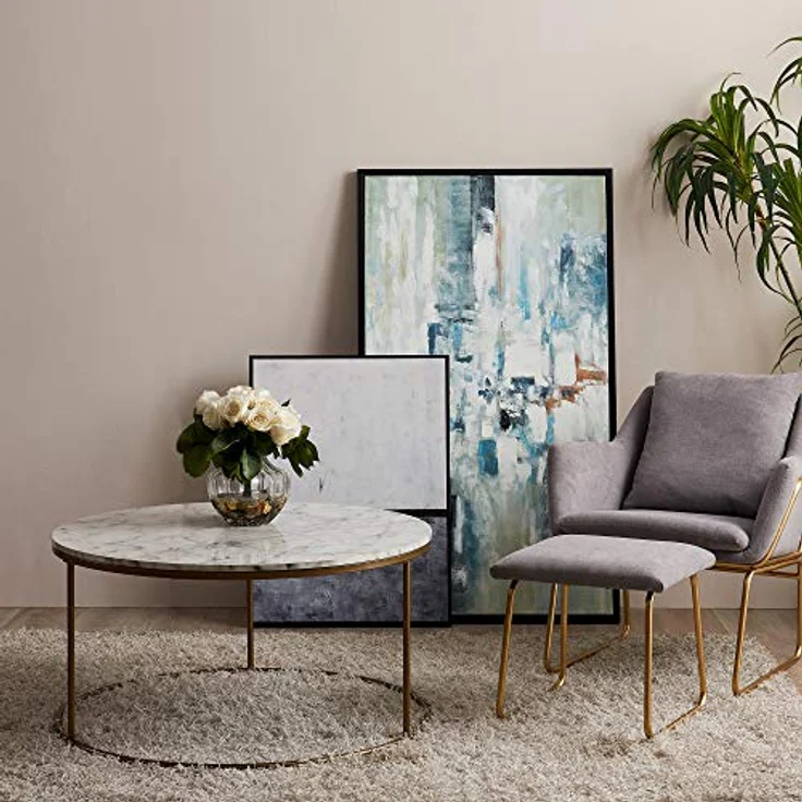 Teamson Home Marmo Modern Marble-Look Couchtisch, rund, messinggebürstete Basis, faux-marmorierte Tischplatte, 91.4x45.7x45.7 cm – Bild 4