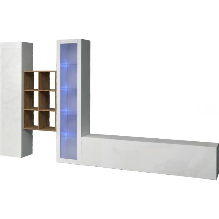 Dmora Ausgestattete Wand Ausonia, 3-türiges TV-Ständer-Wohnzimmerset, Mehrzweck-Wohnzimmermöbel mit Vitrine und LED-Licht, 100 % Made in Italy, 320 x 30 x 180 cm, glänzendes Weiß,