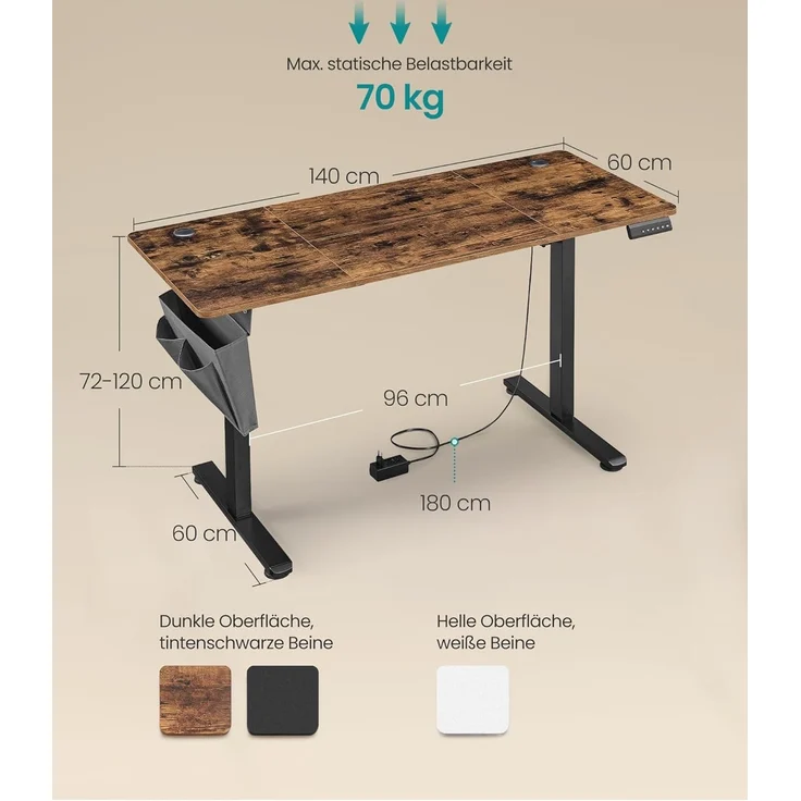 Songmics Höhenverstellbarer Schreibtisch elektrisch, 60x140 x (72-120) cm, Verstellbarer Tisch, Memory-Funktion für 4 Höhen, für Homeoffice, Arbeitszimmer, vintagebraun-tintenschwarz LSD134K01 – Bild 2