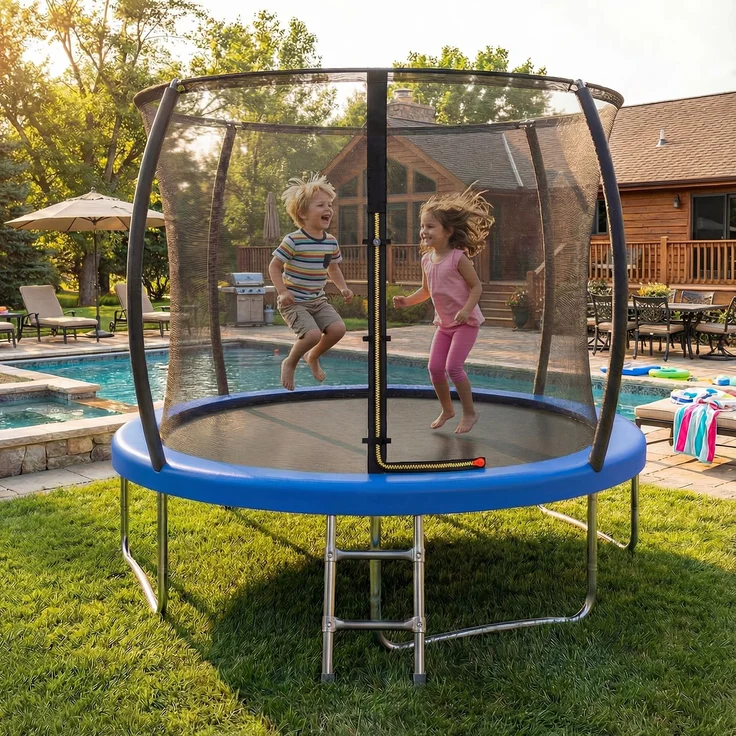 Devoko Gartentrampolin mit Sicherheitsnetz, Leiter, Randabdeckung, Stahlrahmen, Blau, Ø 290 cm – Bild 1