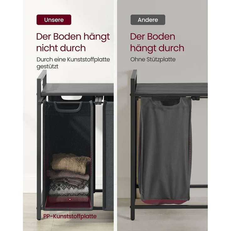 Vasagle Wäschekorb mit 3 Fächer, Metallrahmen Schwarz/Grau, 3x38 L / 92,5 x 33 x 72 cm – Bild 3