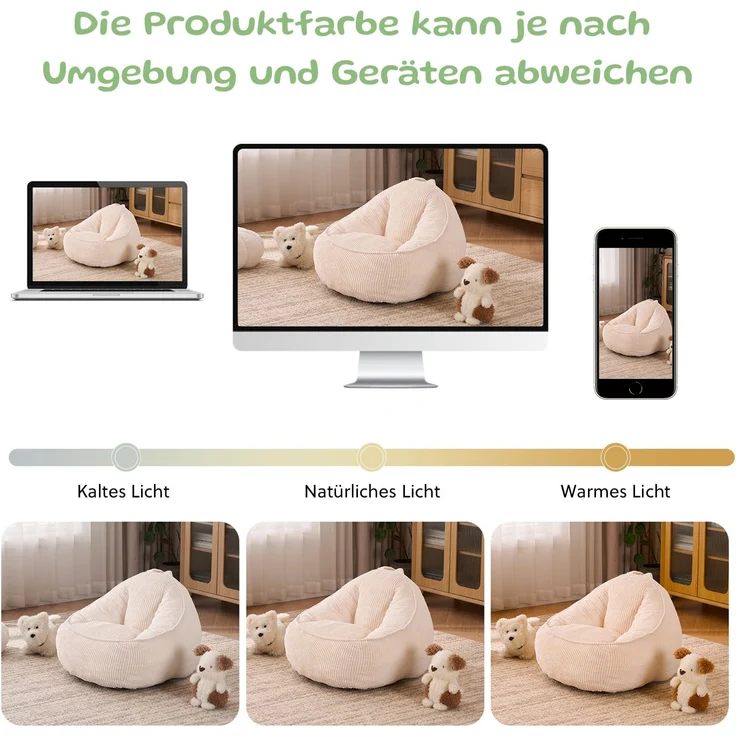 Sitzsack für Kinder in Beige, 69 x 72 x 51 cm – ergonomische Form, Cord-Bezug – Bild 10