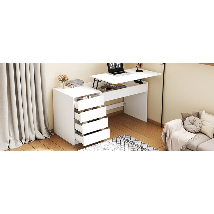 ZUBALIYA 120×50×78–92cm, höhenverstellbarer Schreibtisch mit 4 Schubladen – weißer Schminktisch und Computertisch in einem, mit manueller Höhenverstellung und verstecktem Stauraum, Schreibtisch, Schminktisch – Bild 20