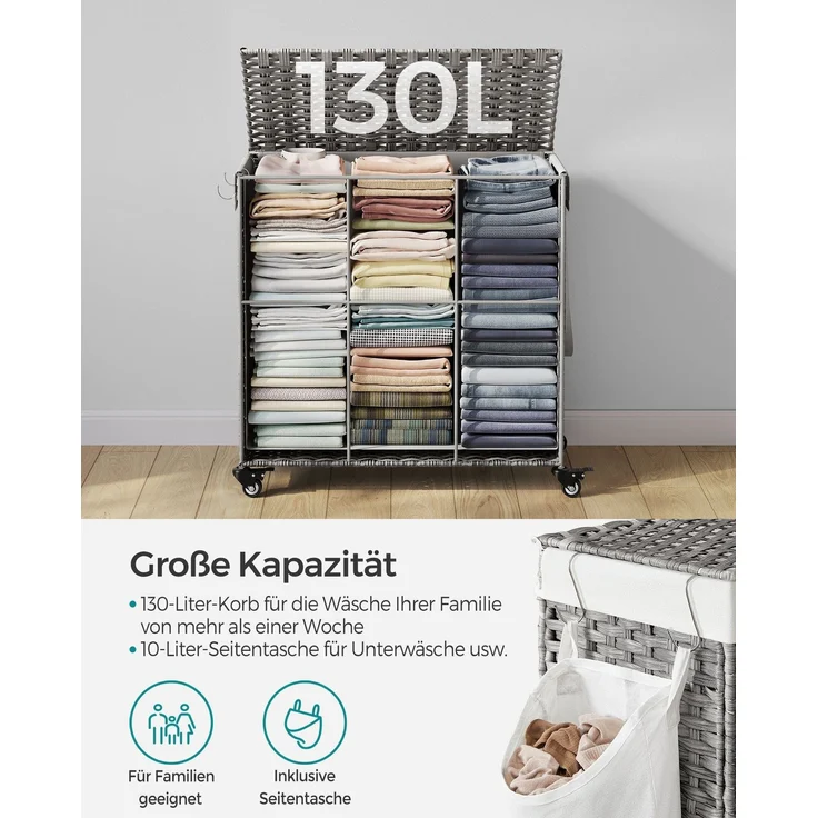 Songmics Wäschekorb handgeflochten mit 3 Fächern, Polyrattan Grau, 66 x 33 x 60 cm – Bild 4