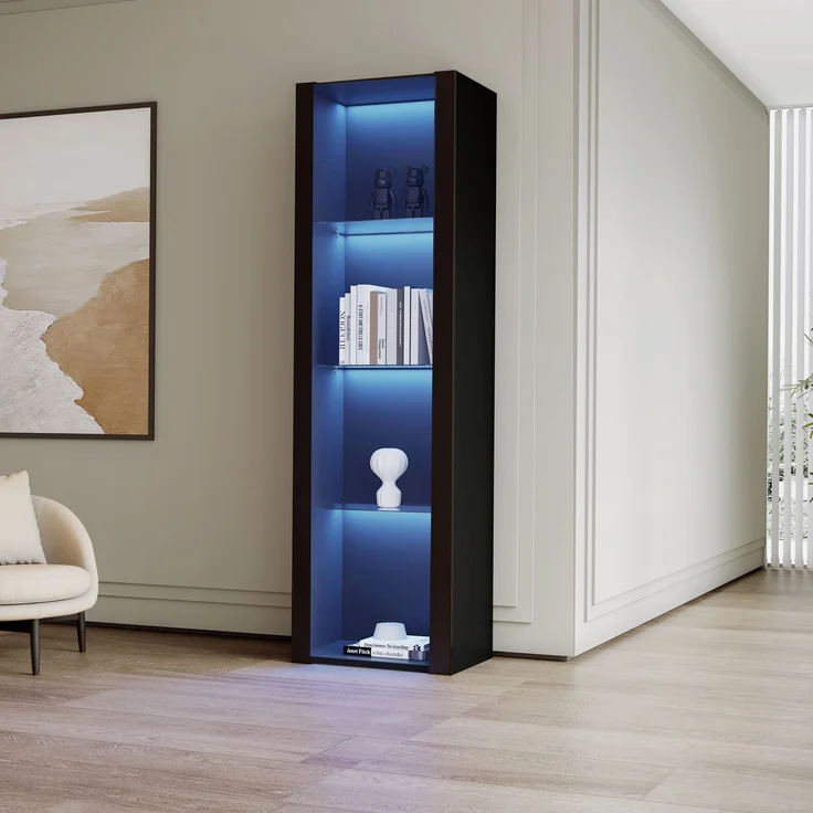 Merax Schwarzer Hochglanz-Vitrinenschrank mit LED-Beleuchtung, 3 Glasfächer, 55*38*166cm, Vitrine, Stehschrank, Hochschrank, Lagerschrank – Bild 9
