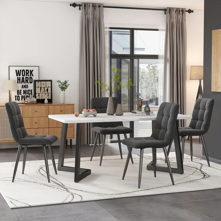 Merax Essgruppe, (Set, 5-tlg, Tisch mit 4 Stühlen), Esstisch und 4 Esszimmerstuhl Set Polsterstühle Küchetisch Marmoroptik, Grau – Bild 1
