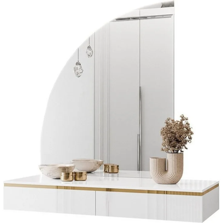 ALLHOUSE24 Schminktisch Hängender Schminktisch PEONY GOLD Halbmond Spiegel mit Beleuchtung (1x Konsolentisch, 1x Spiegel mit LED Beleuchtung), Breite: 102 cm