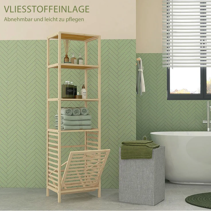 Badregal 44 x 33 x 160 cm aus Bambus mit 3 Ablagen und kippbarem Wäschekorb – Bild 2
