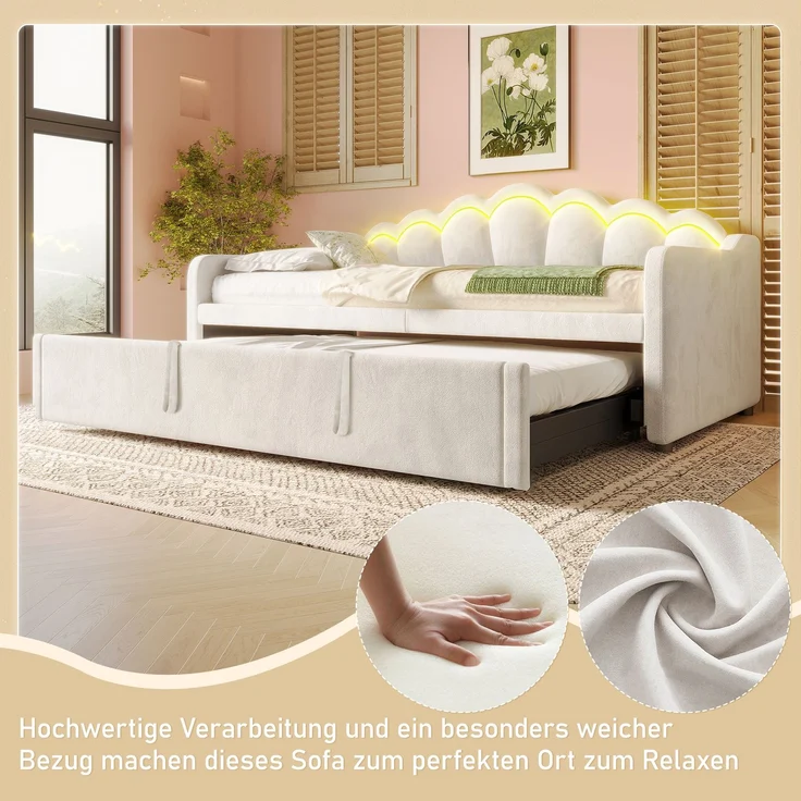 Merax Einzelbett, Kinderbett 90x200cm(180x200cm), Schlafsofa, Tagesbett mit ausziehbarem Bett, Samt, Farbwechselbarer LED-Streifen, Beige – Bild 8