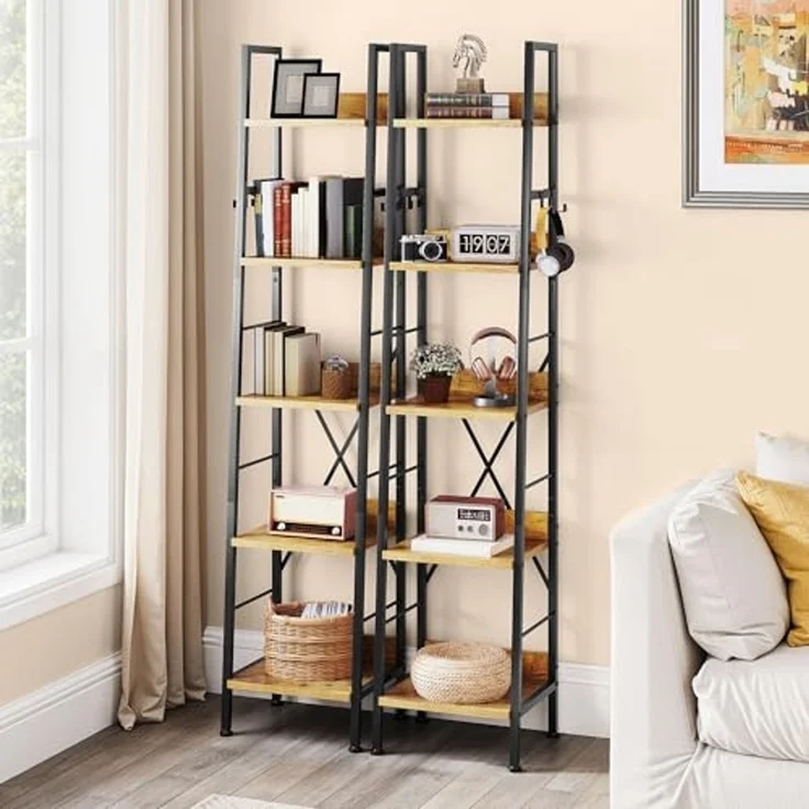 DWVO Schmales hohes Bücherregal 5 Etagen, Industrielles Leiterregal, Bücherregal, Holzregale und Metall, schmal, dünn, Bücherregal, modernes Regal für Wohnzimmer, Flur, Büro, Rustikales Braun – Bild 6