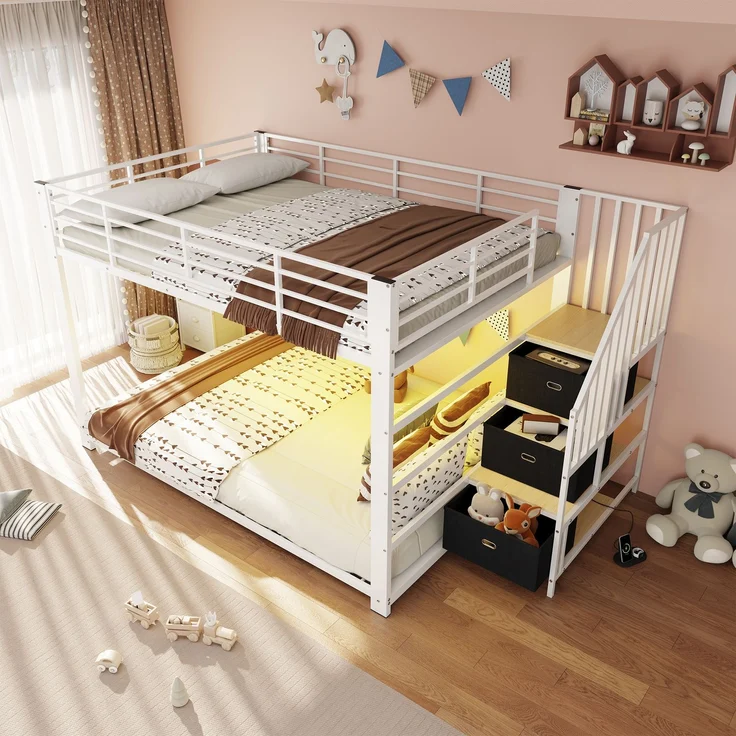 EINHOM Etagenbett 140x200 cm, Metall Doppelstockbett mit Treppe und Stauraum, LED-Licht und Steckdose, Etagenbett für Erwachsene mit links oder rechts montierbarer Treppe, Weiß (Ohne Matratze) – Bild 5