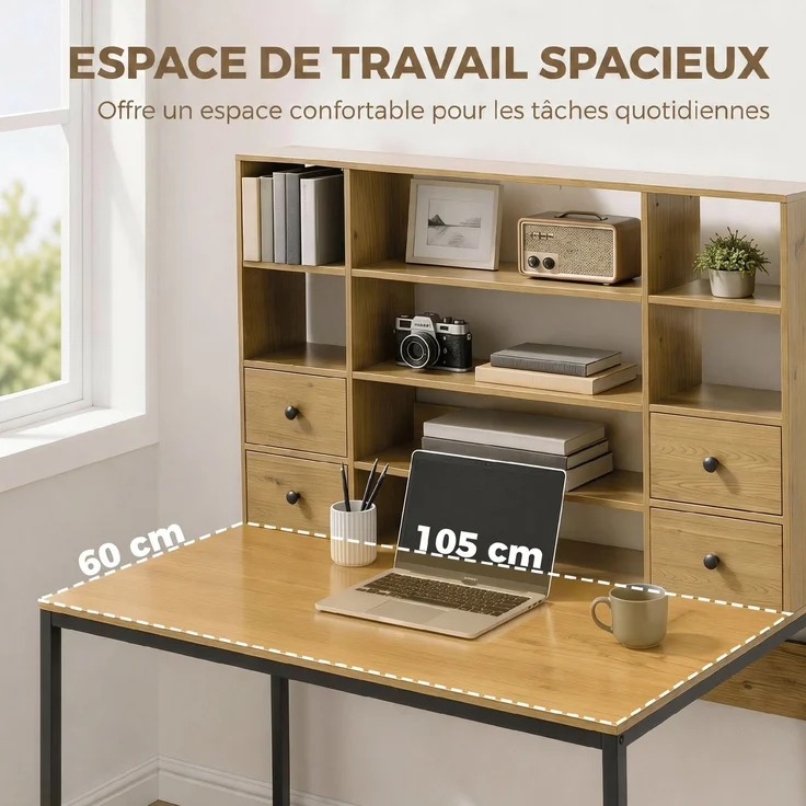 Computerschreibtisch mit 4 Schubladen, 105 x 60 cm, Schreibtisch mit Stauraum, offene Regale, 105 x 60 cm, Naturholz – Bild 7
