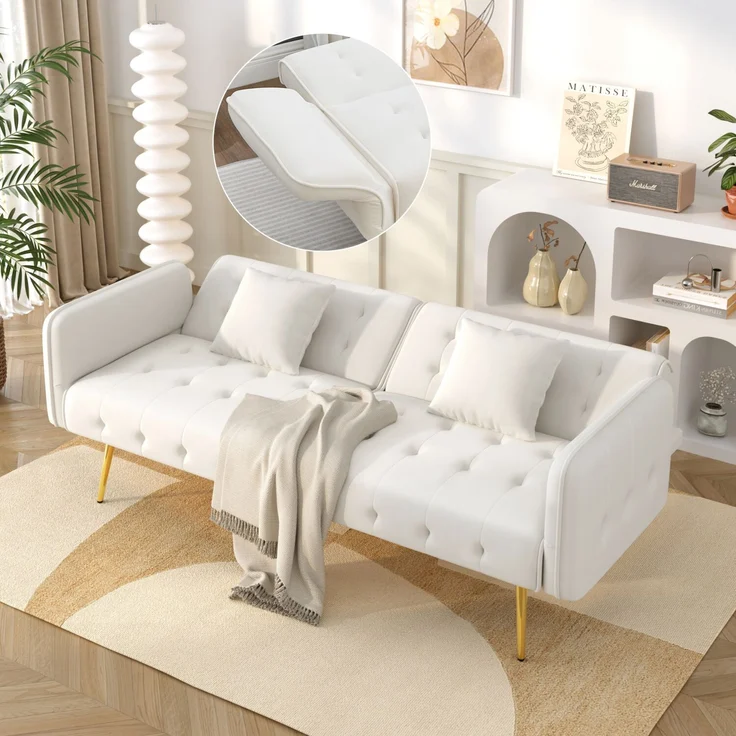 Sofabett 2-in-1 Samt,Zweisitzer mit verstellbarer Rückenlehne & Armlehnen, zum Gästebet,Weiß – Bild 2
