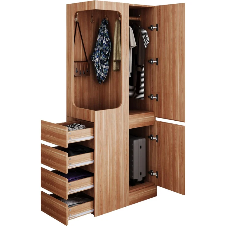 CHICFURN Kleiderschrank 70x170x40 cm mit 4 Schubladen und offenem Hängefach – Weiß/Naturholz – Bild 6
