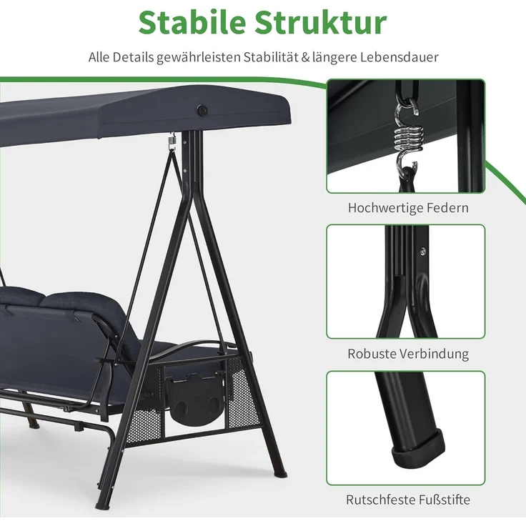 M MCombo 3-Sitzer Hollywoodschaukel mit Liegefunktion, Verstellbarem Sonnendach & Getränkehalter, Gartenschaukel bis 360kg Belastbar Schaukelbank Outdoor Wetterfest, 4093 (dunkgelgrau) – Bild 7
